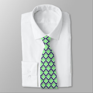 Mint Green Navy White Moroccan Quatrefoil #5DS Neck Tie