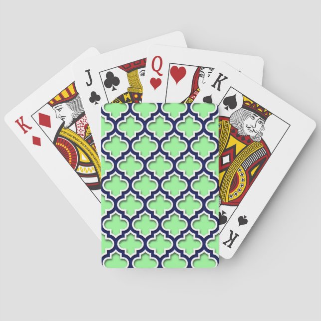 Mint Green Navy White Moroccan Quatrefoil #5DS Poker Cards (Back)