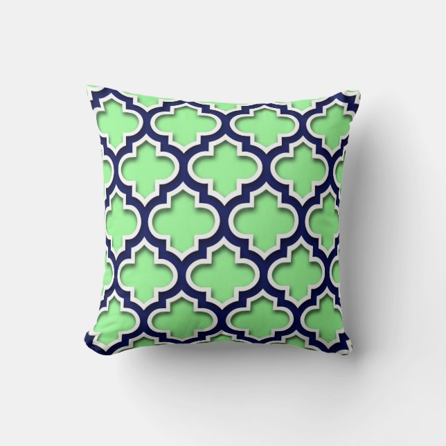Mint Green Navy White Moroccan Quatrefoil #5DS Throw Pillow (Front)