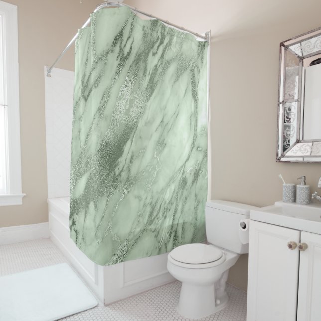 Mint Green Olive Salvia Marble Abstract Stone Lux Shower Curtain (In Situ)