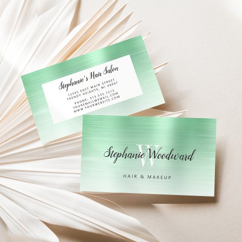 Mint Green Ombre Brushed Metal Monogram Hair Salon Business Card