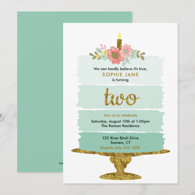 Mint Green Ombre Cake 2nd Birthday Two Invitation (Front/Back)