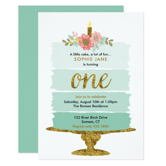 Mint Green Ombre Cake First Birthday Invitation
