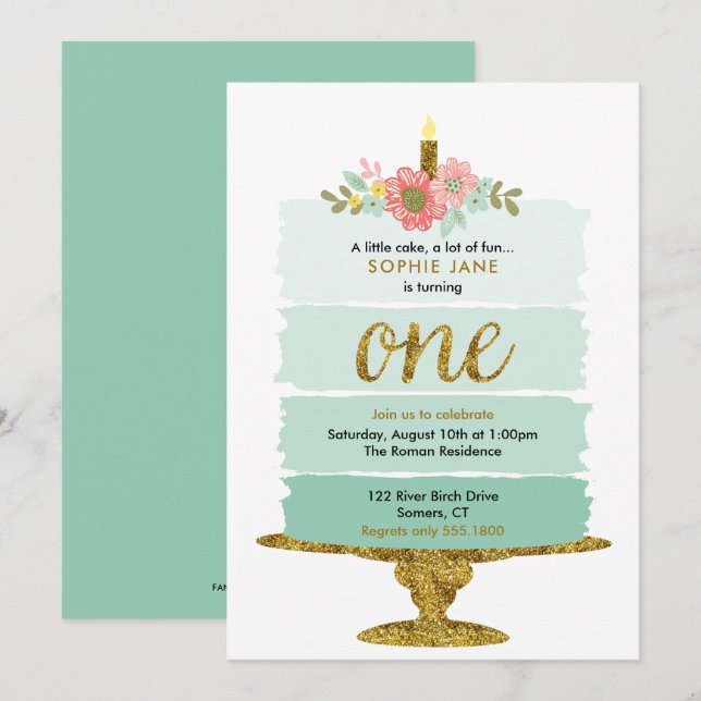 Mint Green Ombre Cake First Birthday Invitation (Front/Back)