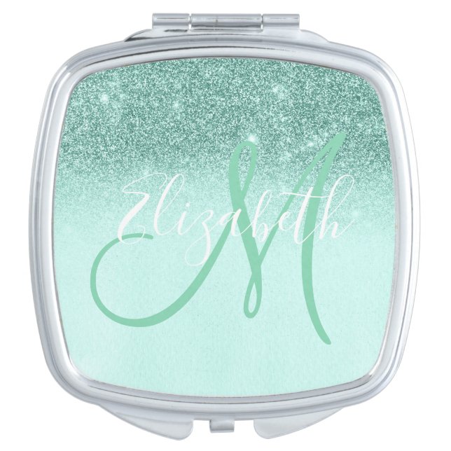 Mint Green Ombre Glitter Personalized Gift for Her Compact Mirror (Front)