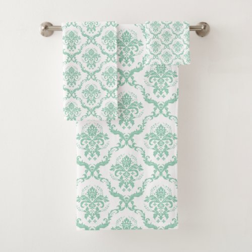 Mint green on white floral damasks pattern bath towel set