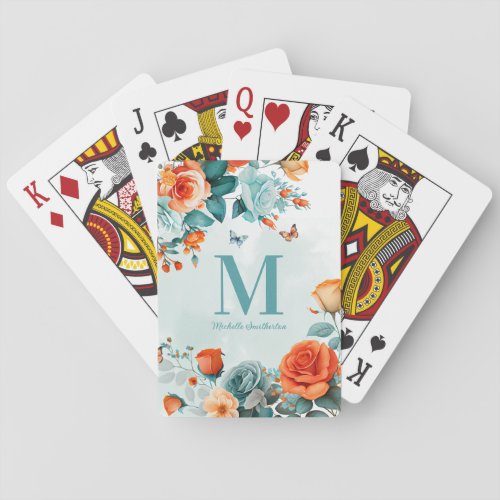 Mint Green Orange Floral Butterflies Monogram Playing Cards