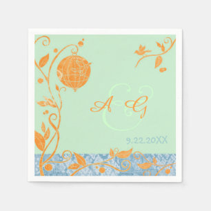 Mint Green & Orange Love Birds Wedding Paper Napkins