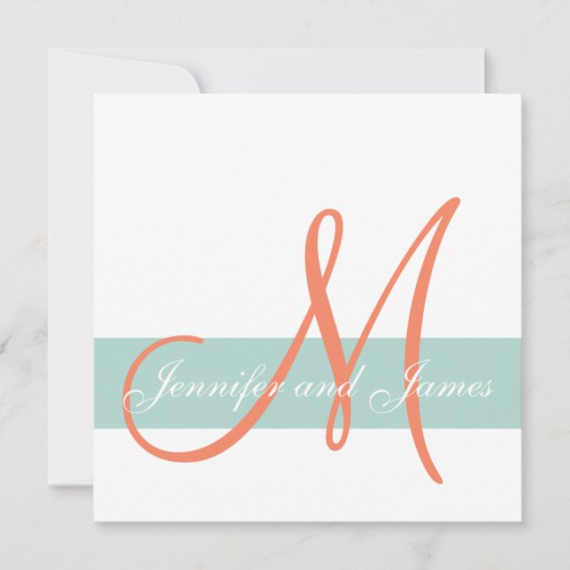 Mint Green Orange Monogram Names Simple Wedding Invitation (Front)