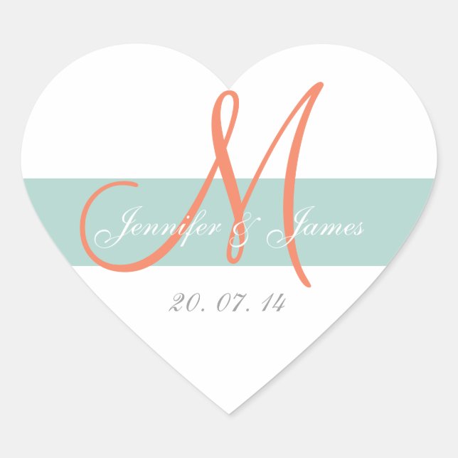 Mint Green Orange Monogram Wedding Favor Sticker (Front)