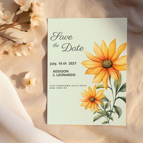 Mint green orange yellow sunflower Save the Date Invitation