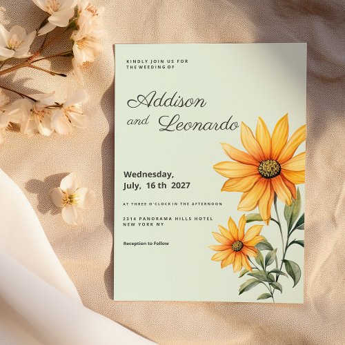 Mint green orange yellow sunflower Wedding Invitation