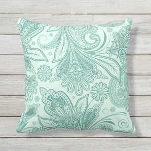 Mint Green Ornate Ethnic Floral Paisley Outdoor Pillow