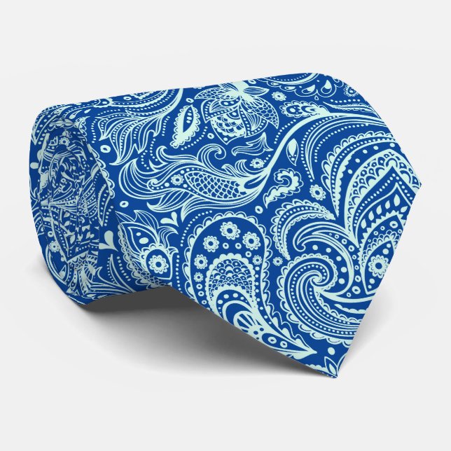 Mint-green paisley blue background neck tie (Rolled)