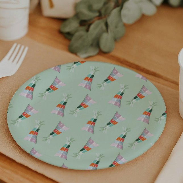 Mint Green Party Hat Birthday Paper Plates (Fox in a Party Hat birthday party paper plates)
