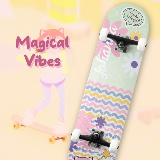 Mint Green Pastel Floral Girly Cat Magical Skateboard (Mint Green Pastel Floral Striped Girly Cat Magical Skateboard ©Susanne Sachers - Sunny Wanderlust 🌞)