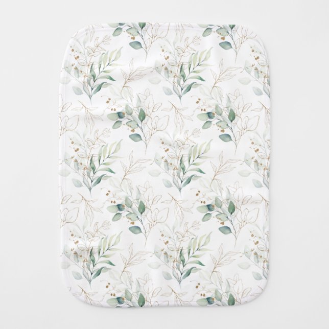 Mint Green Pastel Floral Greenery Pattern Baby Burp Cloth (Front)
