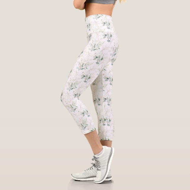 Mint Green Pastel Floral Greenery Pattern Capri Leggings (Left)