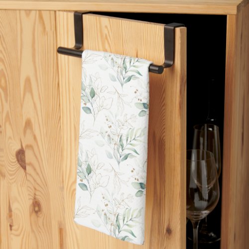 Mint Green Pastel Floral Greenery Pattern Kitchen Towel