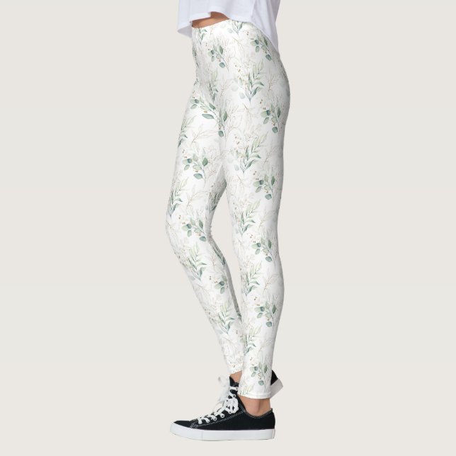 Mint Green Pastel Floral Greenery Pattern Leggings (Left)