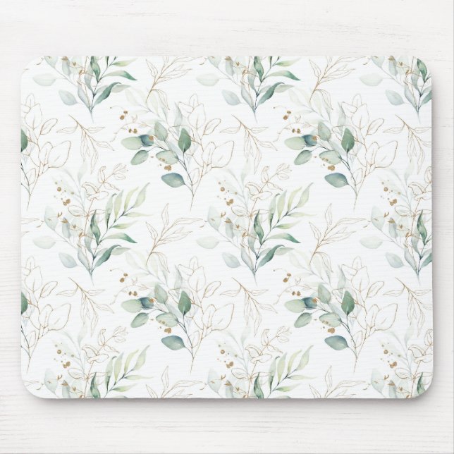 Mint Green Pastel Floral Greenery Pattern Mouse Pad (Front)