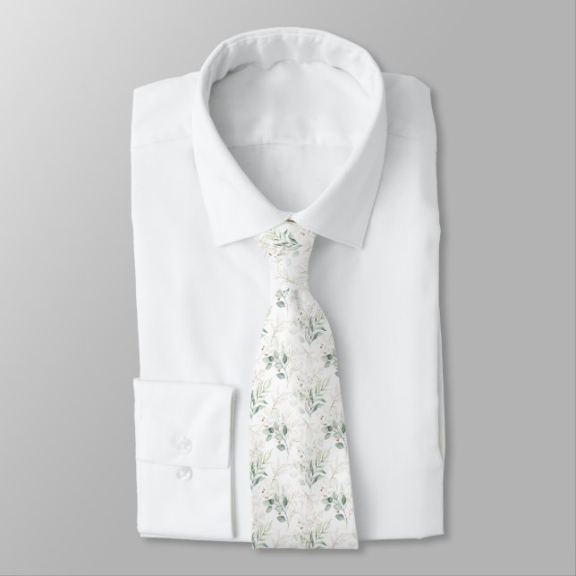Mint Green Pastel Floral Greenery Pattern Neck Tie (Tied)