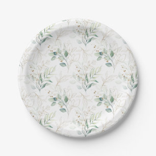 Mint Green Pastel Floral Greenery Pattern Paper Plates