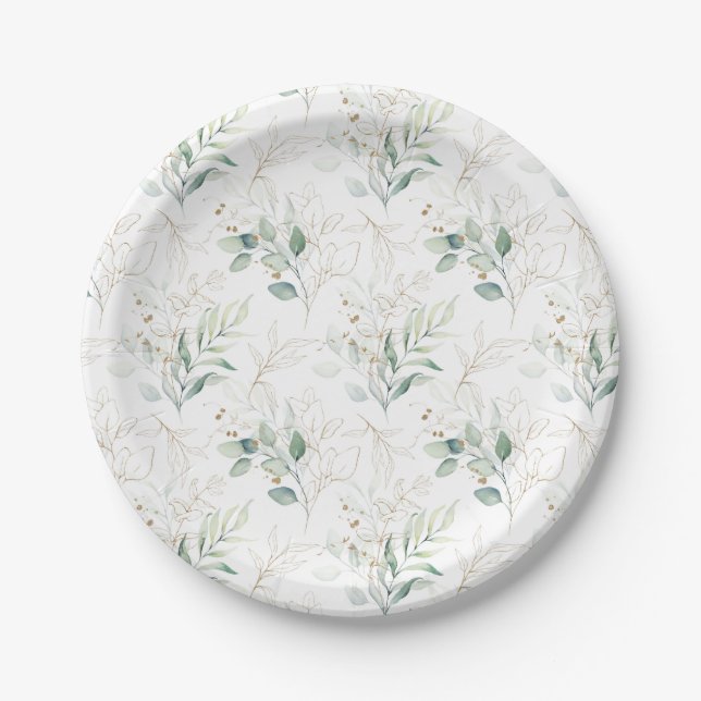 Mint Green Pastel Floral Greenery Pattern Paper Plates (Front)