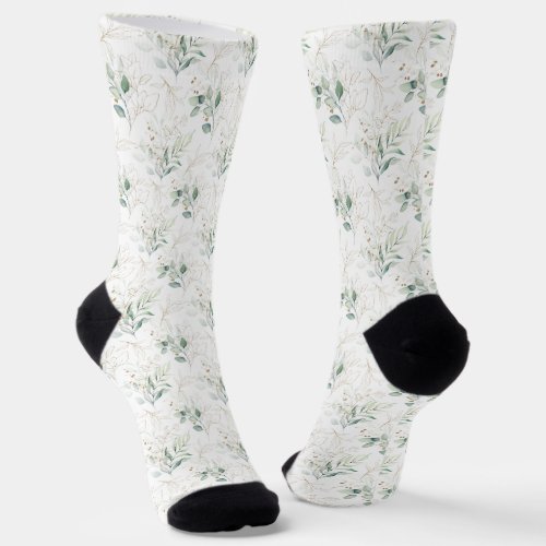 Mint Green Pastel Floral Greenery Pattern Socks