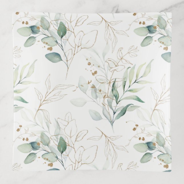 Mint Green Pastel Floral Greenery Pattern Trinket Tray (Front)