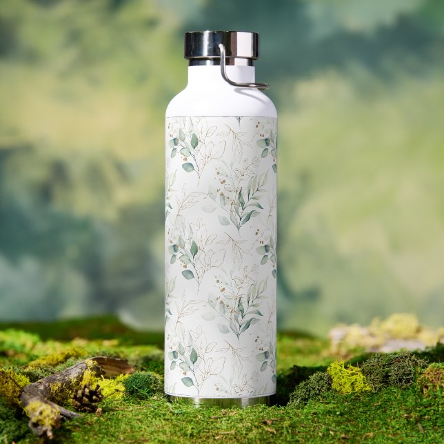 Mint Green Pastel Floral Greenery Pattern Water Bottle (Outdoor)