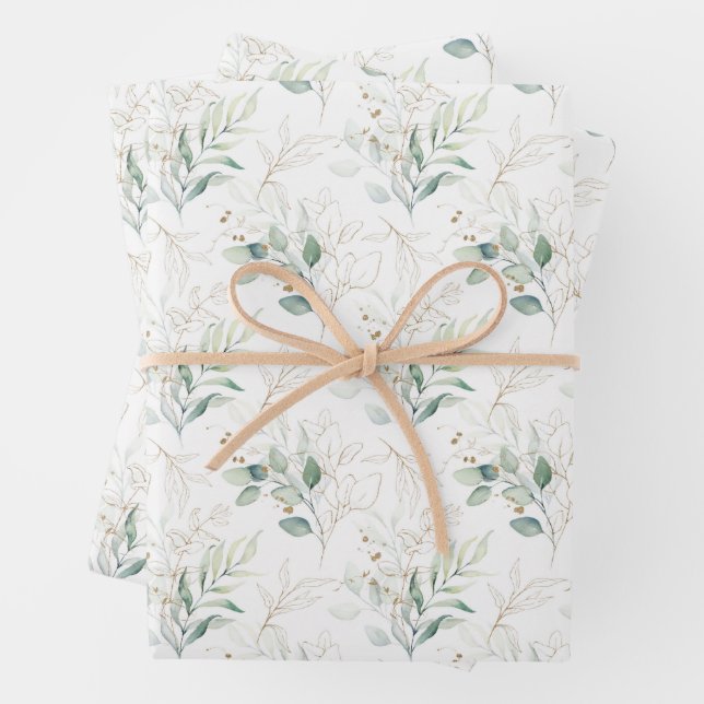 Mint Green Pastel Floral Greenery Pattern Wrapping Paper Sheets (In situ)