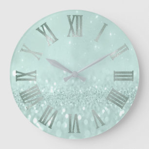 Mint Green Pastel Glitter Gray Metal Roman Numer Large Clock