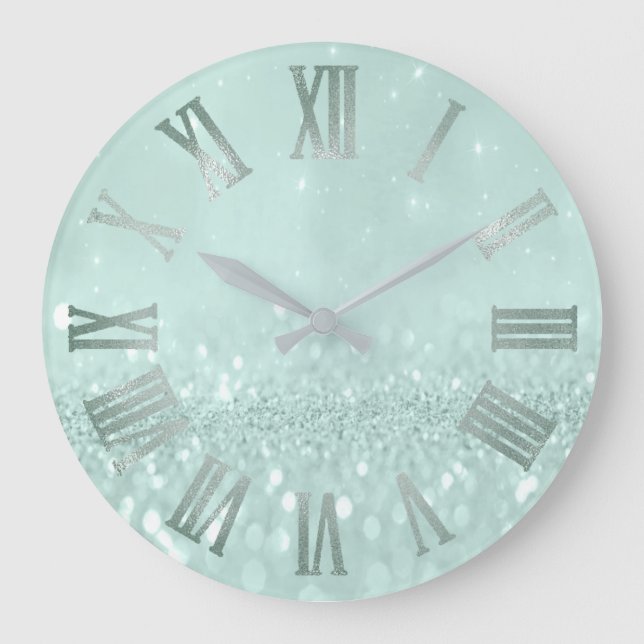 Mint Green Pastel Glitter Gray Metal Roman Numer Large Clock (Front)