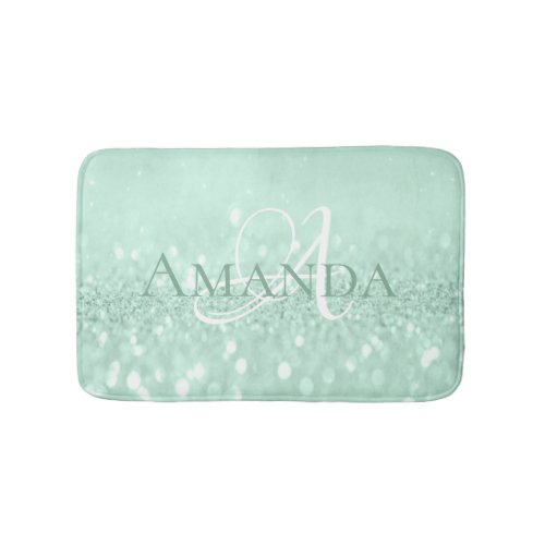 Mint Green  Pastel White Glitter Name Monogram Bath Mat