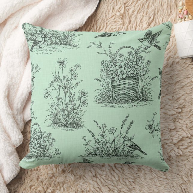 Mint Green Pastoral Toile with Birds and Blossoms Throw Pillow (Blanket)