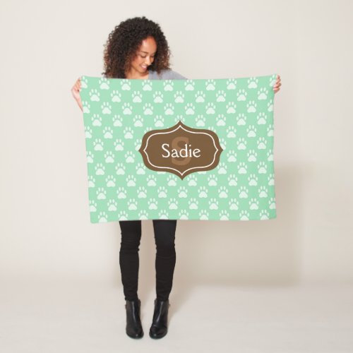 Mint Green Paw Prints And Brown Monogram  Name Fleece Blanket