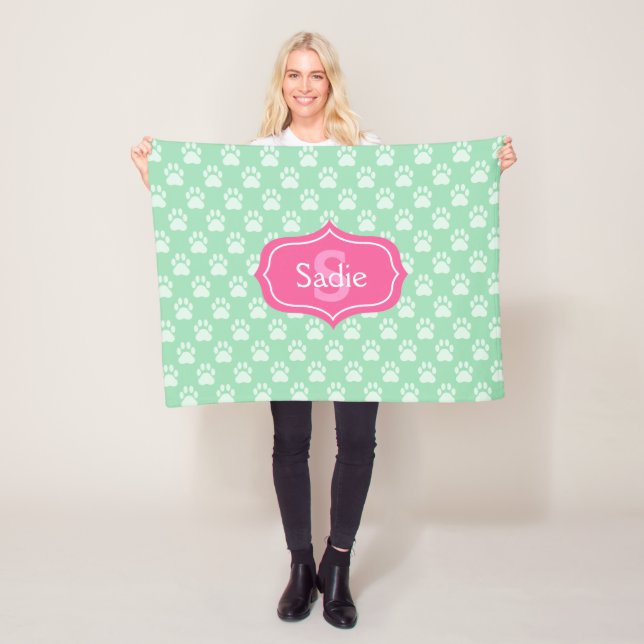 Mint Green Paw Prints And Pink Monogram & Name Fleece Blanket (In Situ)