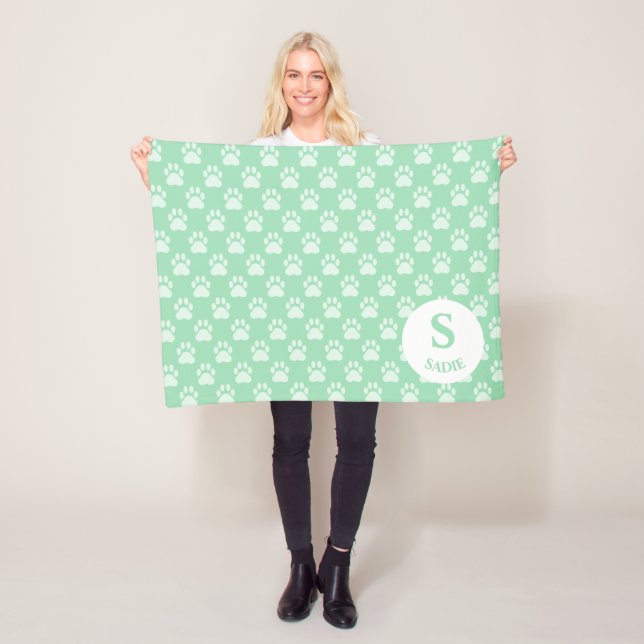 Mint Green Paw Prints Pattern With Monogram & Name Fleece Blanket (In Situ)
