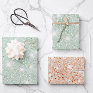 Mint Green Peach Faux Glitter Birthday Wrapping Paper Sheets