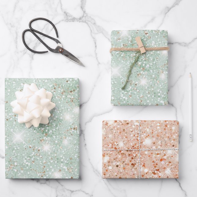 Mint Green Peach Faux Glitter Birthday Wrapping Paper Sheets (Front)