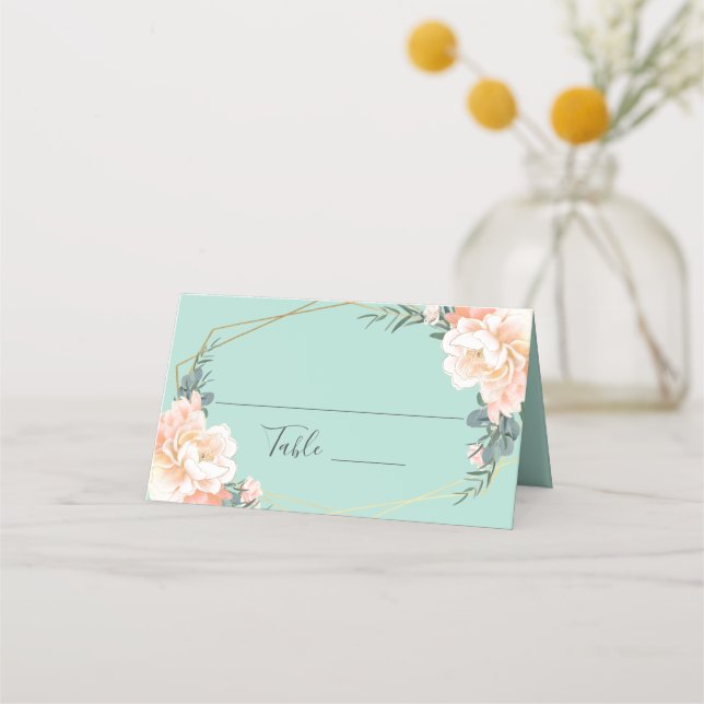 Mint Green Peach Floral Gold Geometric Wedding Place Card (Front)