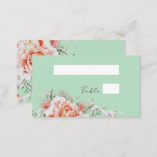 Mint Green  Peach Floral Wedding Flat Place Cards
