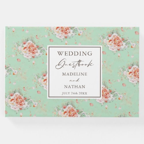 Mint Green  Peach Floral Wedding Guest Book