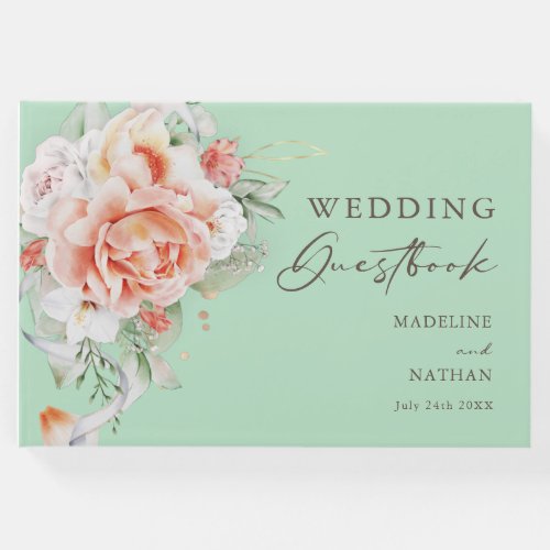 Mint Green  Peach Floral Wedding Guest Book