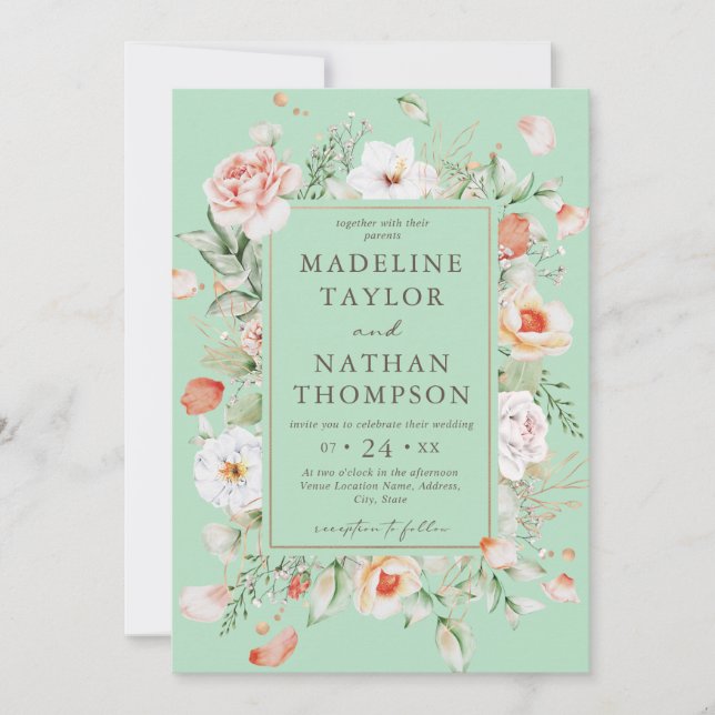 Mint Green & Peach Floral Wedding Invitation (Front)