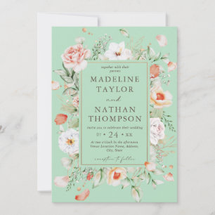 Mint Green & Peach Floral Wedding Invitation