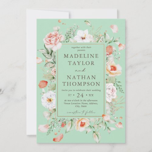 Mint Green  Peach Floral Wedding Invitation