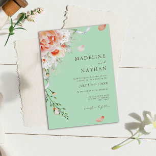 Mint Green & Peach Floral Wedding Invitation