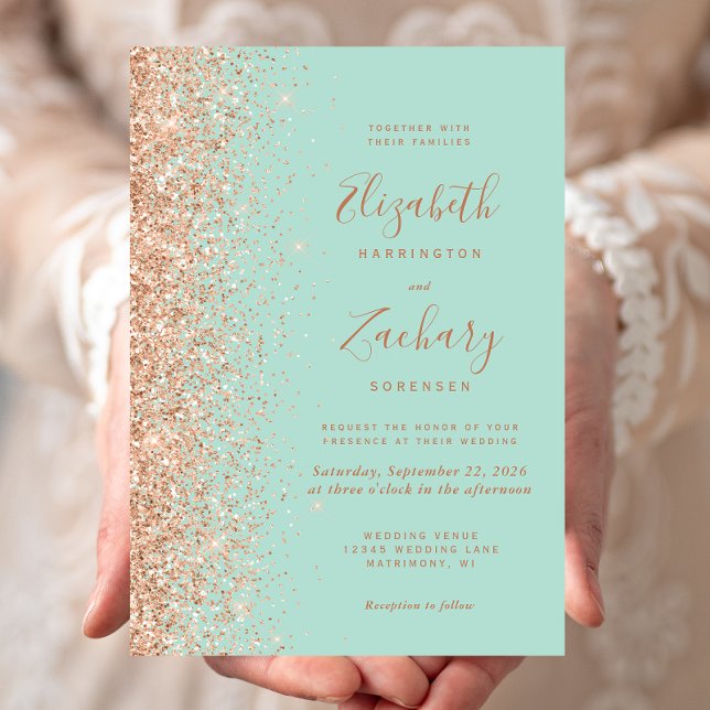 Mint Green Peach Glitter Wedding Invitation (Creator Uploaded)